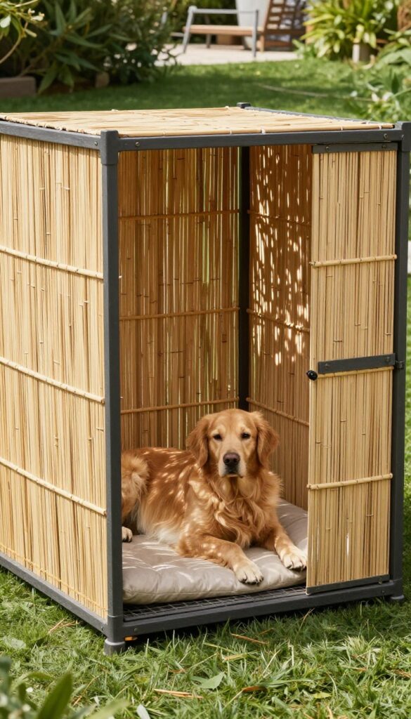 Bamboo screen enclosure dog kennel with dappled shade and golden retriever lounging