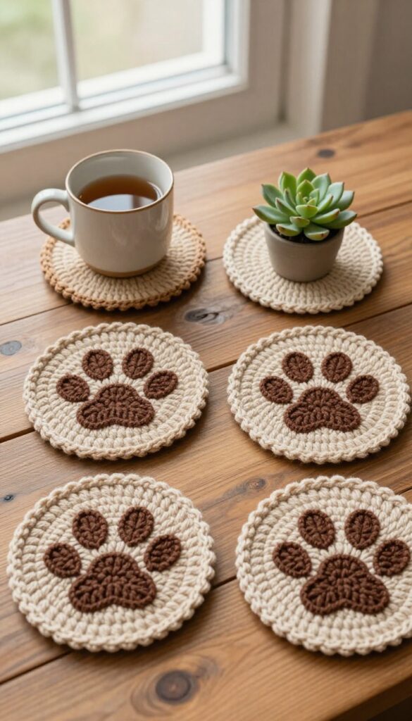 Four crochet paw print coasters on a wooden table with a mug and succulent