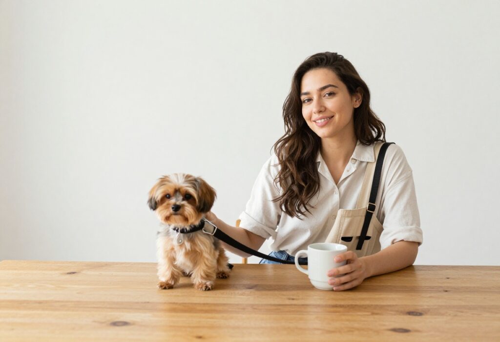 Dog mom holding leash with tote bag and coffee mug on table