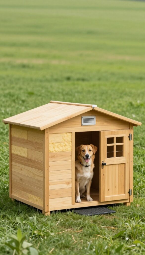 Insulated dog kennel shed with foam panels, rubber mat floor, and a dog at the door in a sunny backyard