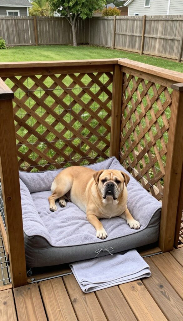 Dog run under deck enclosed with lattice, shaded area with dog bed and relaxed dog