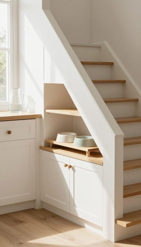 Built-in dog feeding station under stairs with pull-out shelf, raised bowls, and storage cabinets in a bright, clean home interior.
