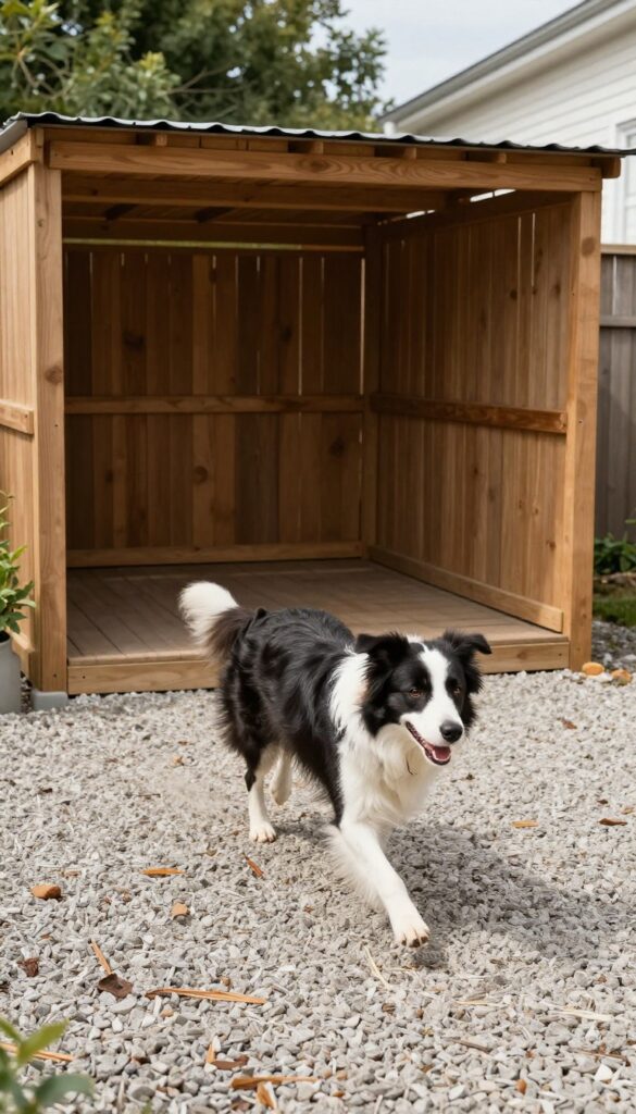 Narrow dog run along fence line with border collie sprinting, shaded rest area at end.