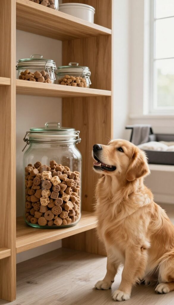 A clear glass treat jar on a shelf in a mud room, with a golden retriever sitting below looking up at it.