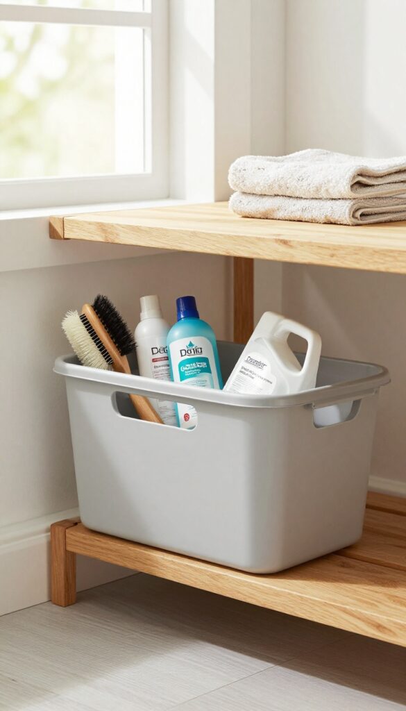 Portable caddy with dog shampoo, conditioner, brush, and towel on a shelf in a bright mudroom laundry area.