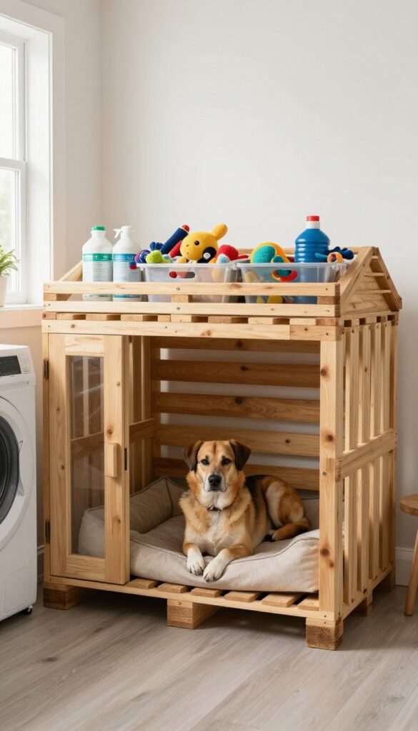 DIY pallet dog kennel with storage in a small laundry room, dog resting inside, rustic decor