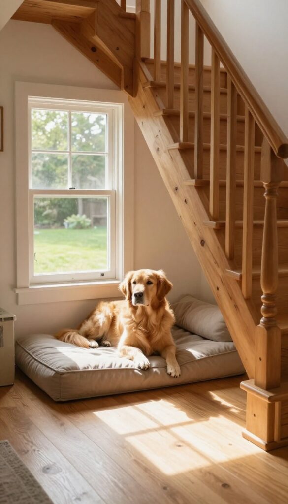 Cozy window-facing under-stair dog nook with a golden retriever looking out at a sunny backyard