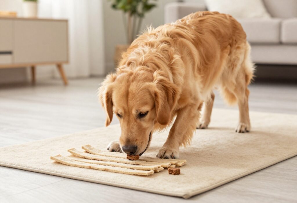 Dog sniffing a DIY snuffle mat made of fleece strips on a rubber mat in a cozy living room.