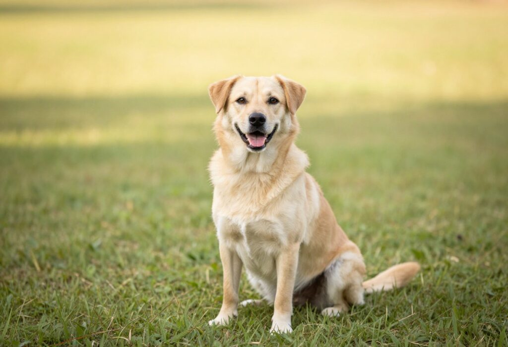 Happy mixed-breed dog sitting on grass, looking at camera with head tilted