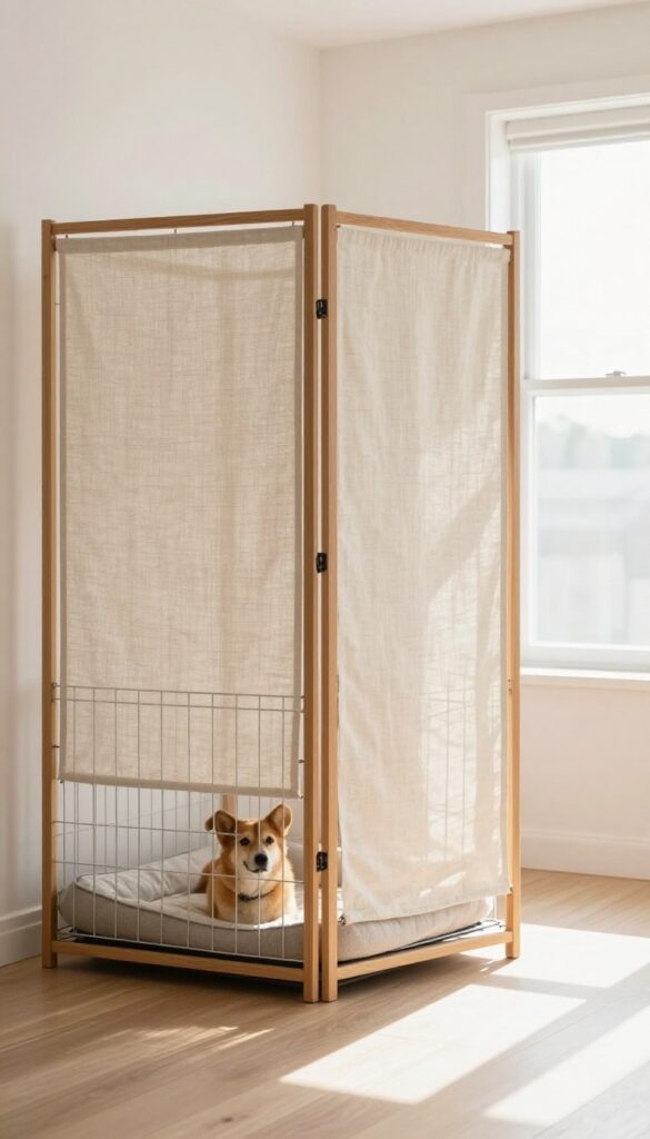 Folding screen camouflaging a dog crate in a bright living room