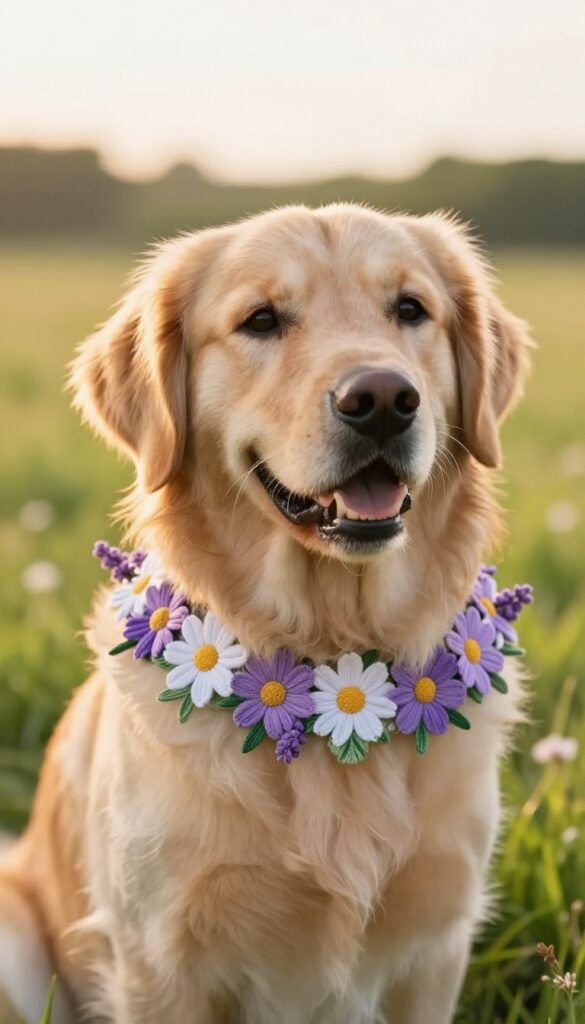 Golden retriever wearing a floral collar in a sunny field