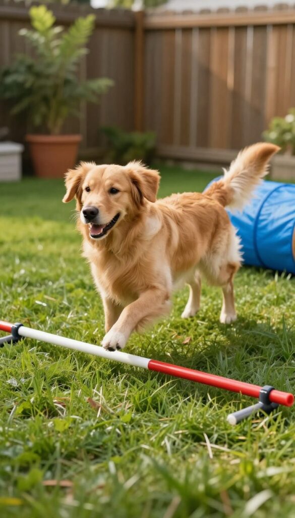 Golden retriever running through a DIY agility course in a sunny backyard with hurdles, weave poles, and a tunnel