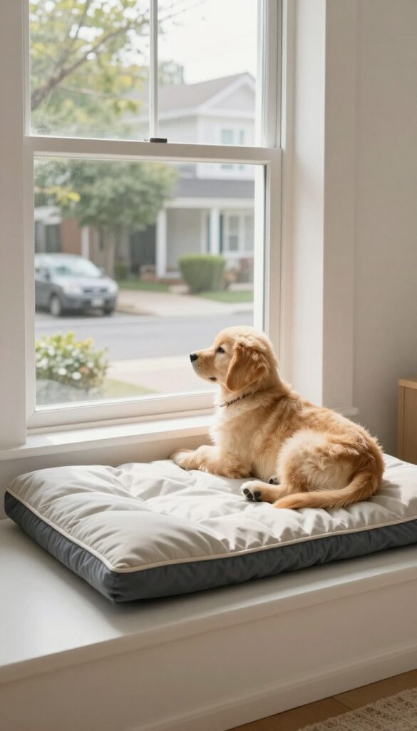 A small dog resting on a washable cushion on a window perch, looking outside in a bright, clean room.