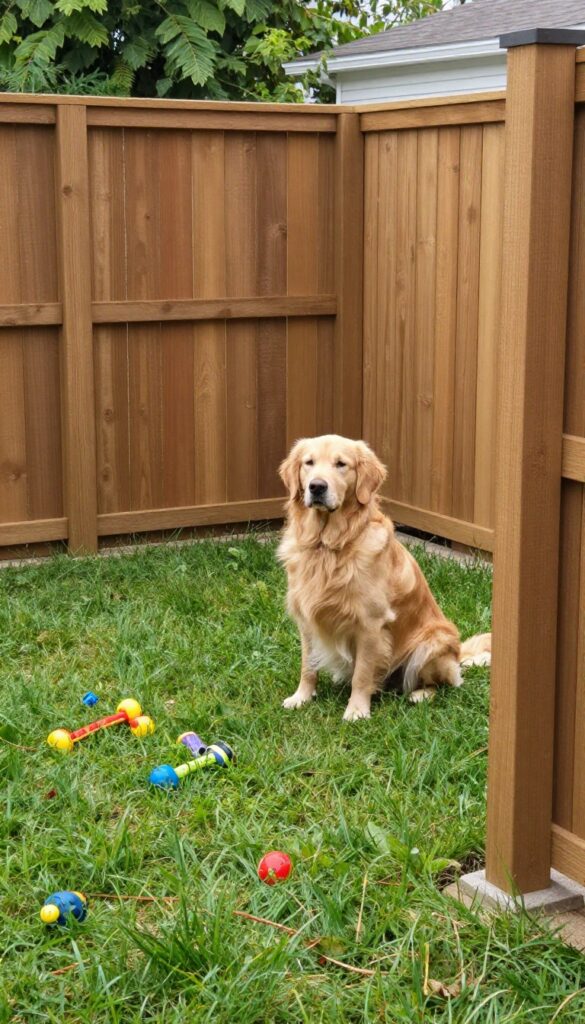 A calm golden retriever sitting in a sunny backyard enclosed by a solid privacy fence, with dog toys on the grass.