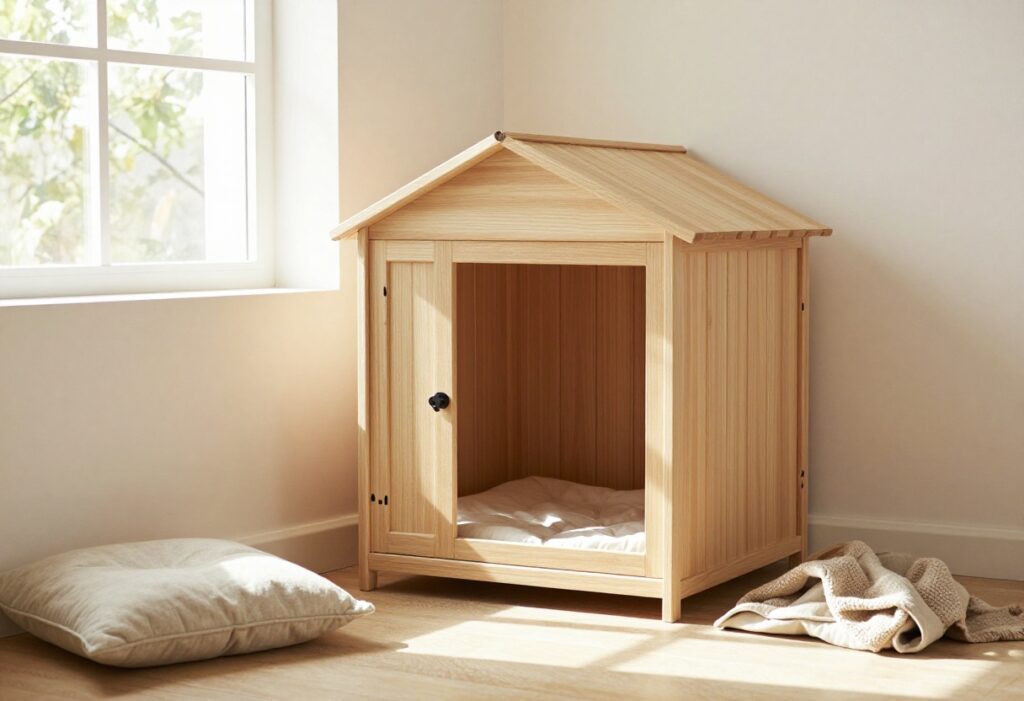 Cozy corner dog kennel in a small living room with wooden build and soft cushion