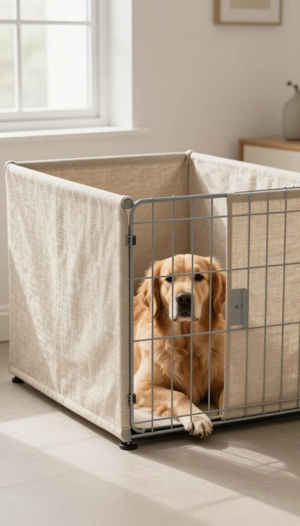 A fitted crate cover transforms a wire dog crate into a stylish, furniture-like piece, with a relaxed dog inside enjoying the cozy den-like space.
