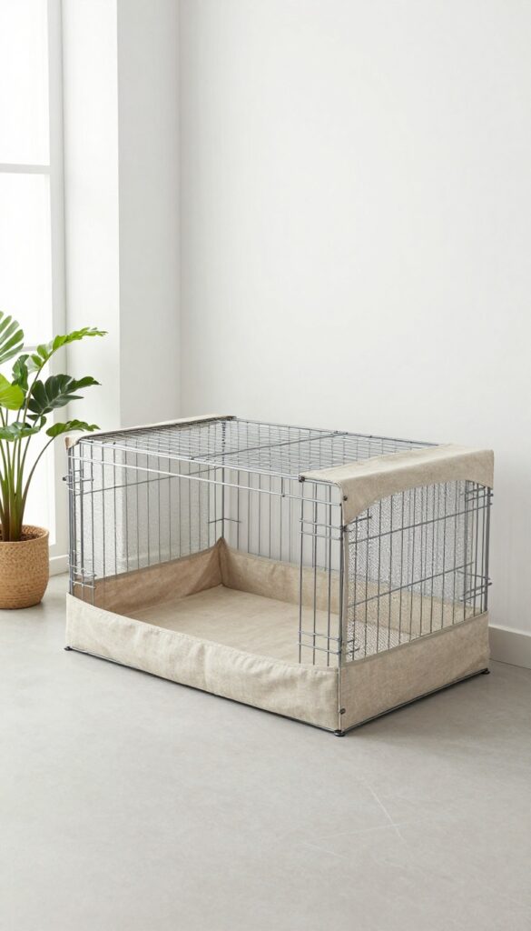 Minimalist wire dog crate with a cozy neutral fabric cover, mesh side panels, and a soft mat inside, in a bright living room.