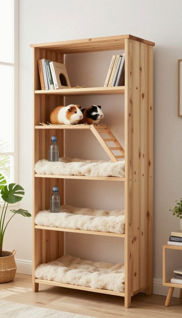 Repurposed bookshelf as a multi-level guinea pig cage in a bright living room
