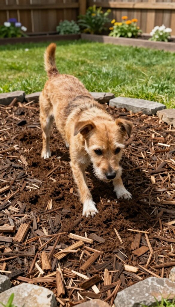 A dog digging in a thick layer of mulch in a backyard side yard, with natural stone edging and a wooden fence.