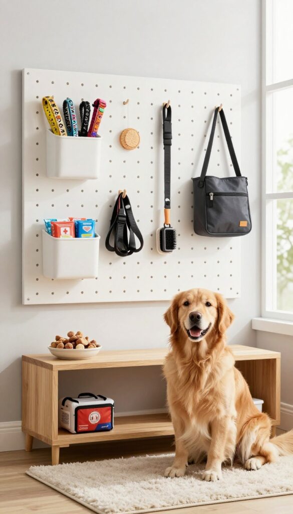 Dog kennel room with pegboard wall organizing leashes, collars, and supplies
