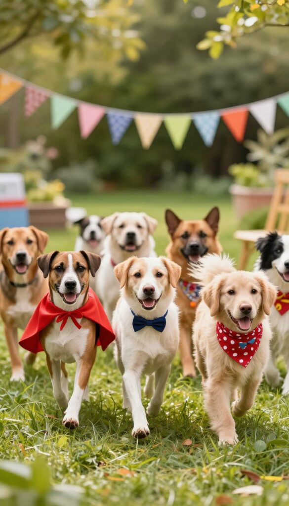 Dogs in simple costumes parading on a sunny lawn during a costume parade party