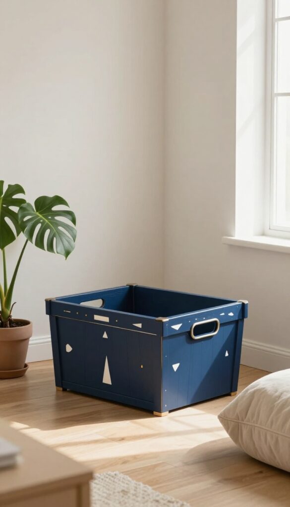 A chic living room with a navy blue wooden dog crate featuring hand-painted white geometric patterns and gold accents, placed next to a potted monstera plant.