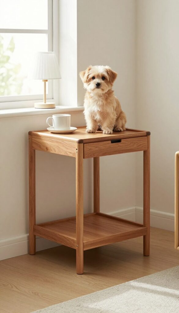 End table kennel with pull-out tray in a bright, small living room, dog sitting beside it.
