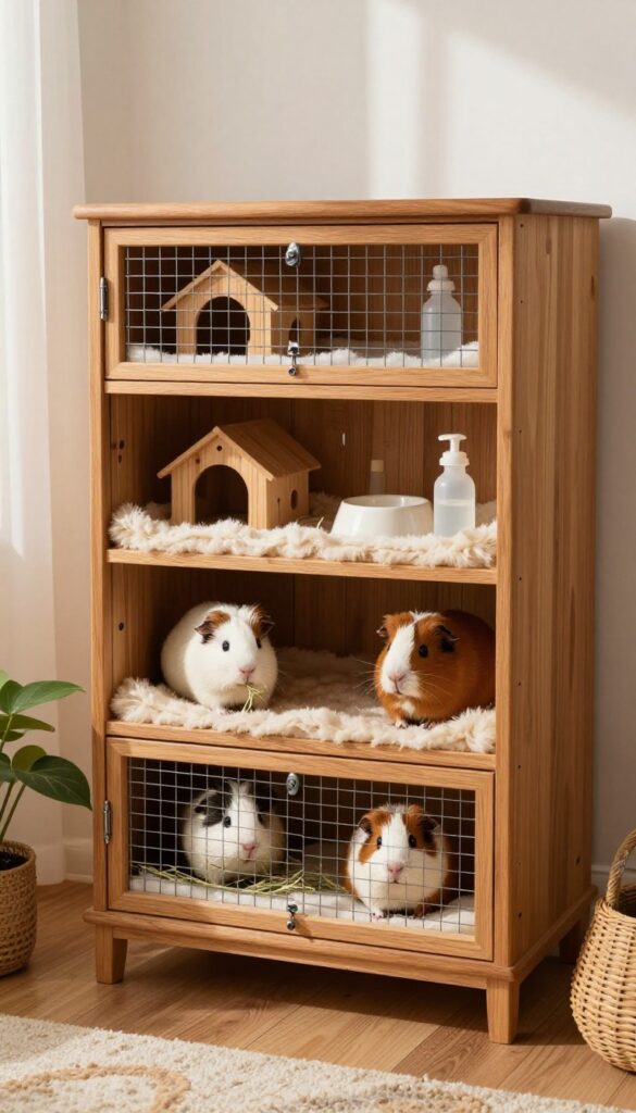 Converted dresser guinea pig cage with waterproof lining, mesh fronts, and guinea pigs inside.