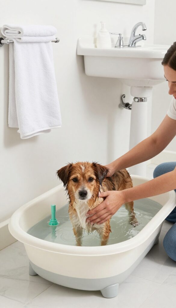 Portable dog bath with recirculating pump in a laundry room, dog getting washed, clean bright space.