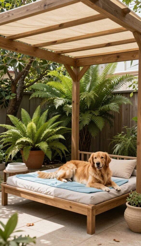Dog resting on elevated bed under pergola with shade sail in a green backyard