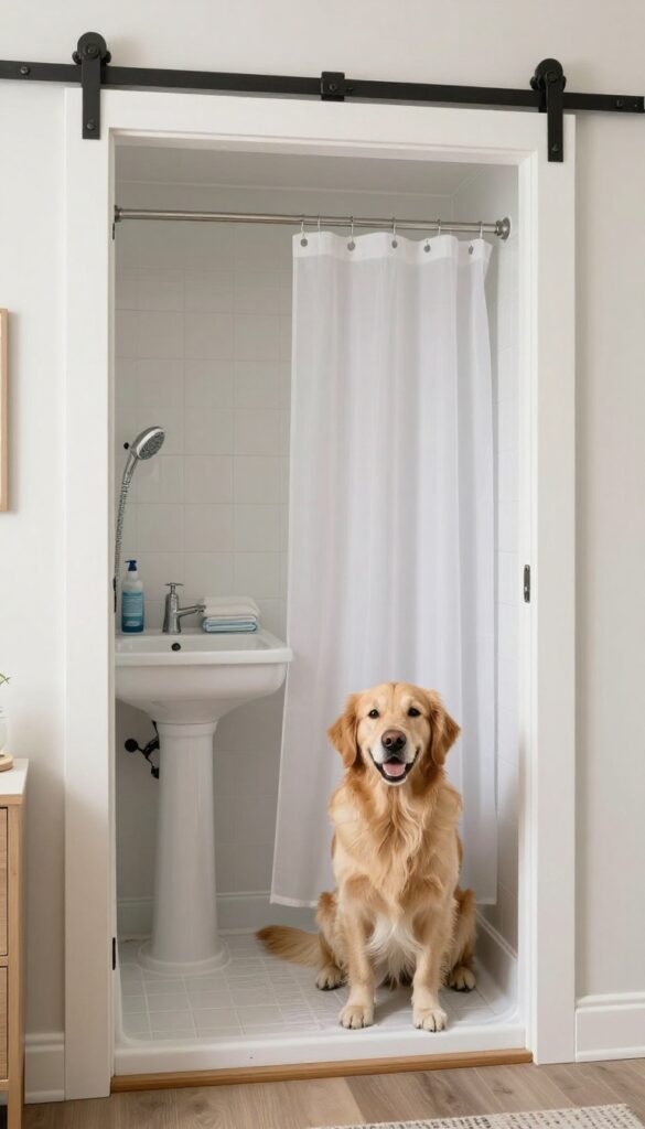 Laundry room closet converted into a dog wash station with a utility sink and shower curtain