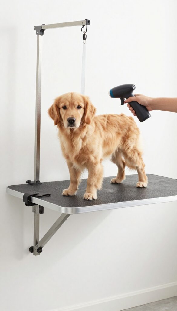 Fold-down grooming table in a small laundry room with dog and handheld sprayer