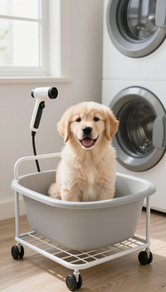 Dog sitting in a plastic wash basin on a rolling utility cart in a bright laundry room