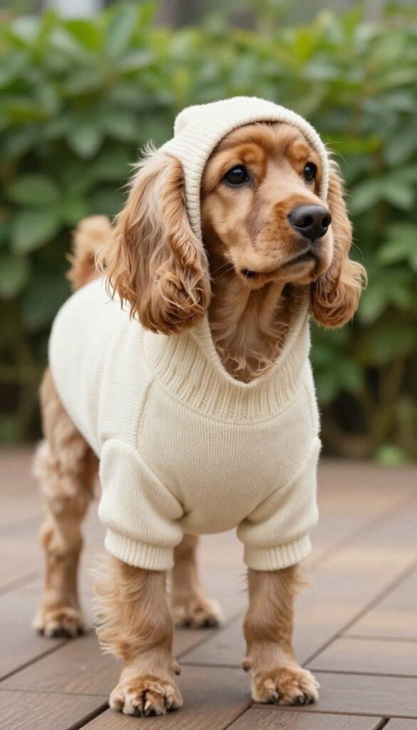 Small Cocker Spaniel wearing a hooded knit sweater, protecting ears and fur, in bright outdoor light.