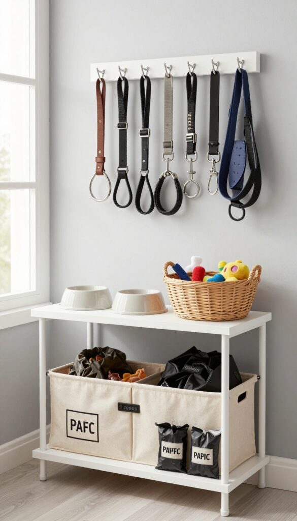 Open shelving for dog gear storage in a clean, calm kennel room with leashes, bowls, and toys neatly organized on floating shelves