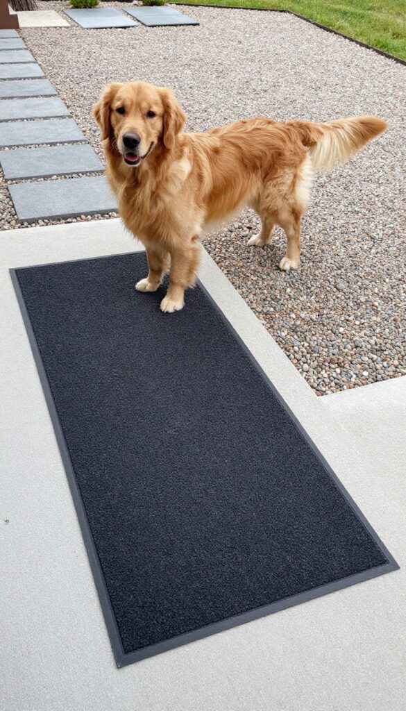 A dog standing on a gravel and paver mud-free entry zone outside a door, with an outdoor mat nearby.
