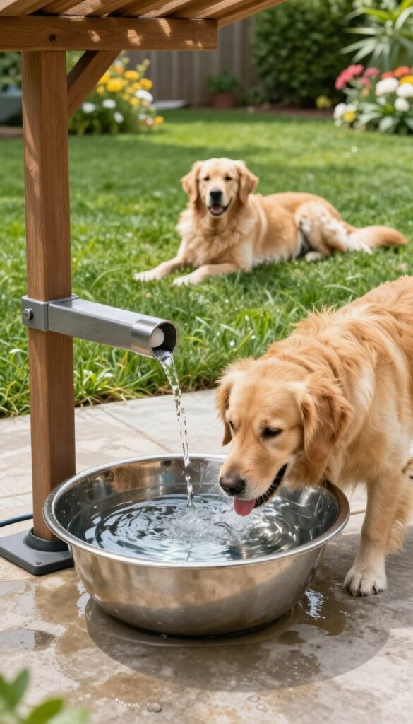 Dog drinking from a stainless steel water bowl in a shaded backyard with a pet fountain and another dog resting nearby.