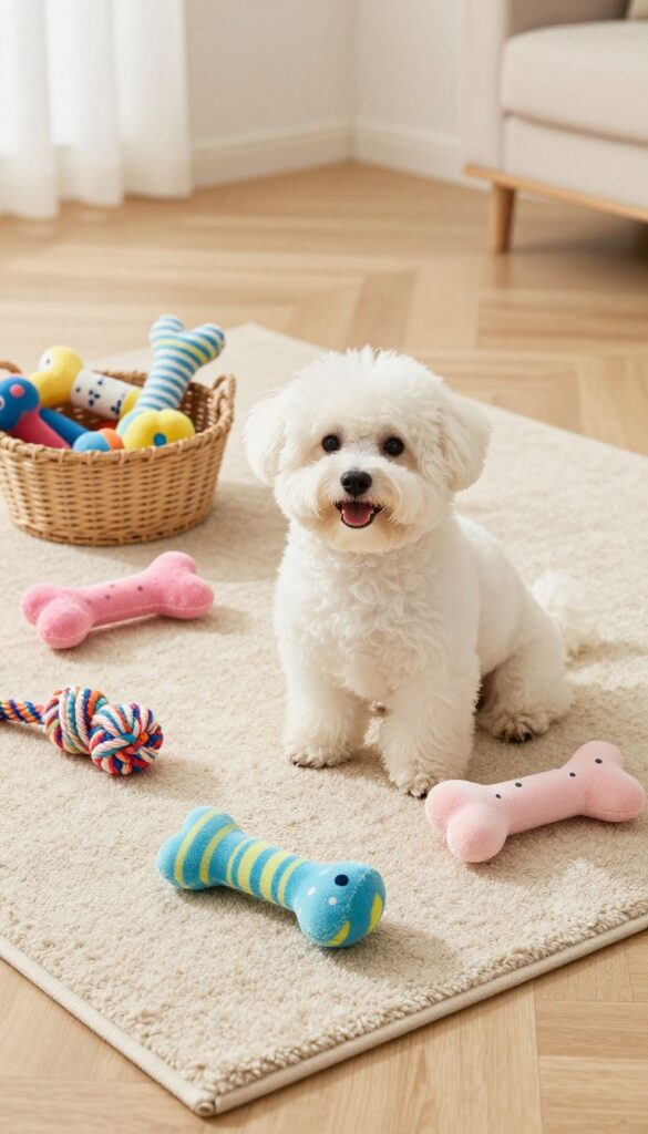 A white dog sitting on a rug surrounded by a matching set of printed toys in stripes and polka dots, with a woven basket of toys nearby.