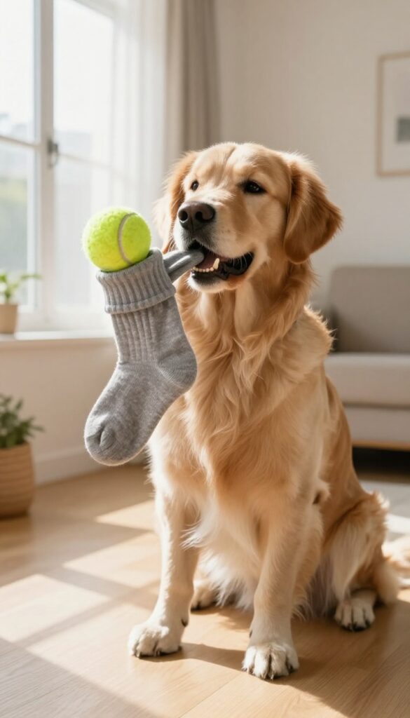 Golden retriever shaking a sock ball toy in a bright living room