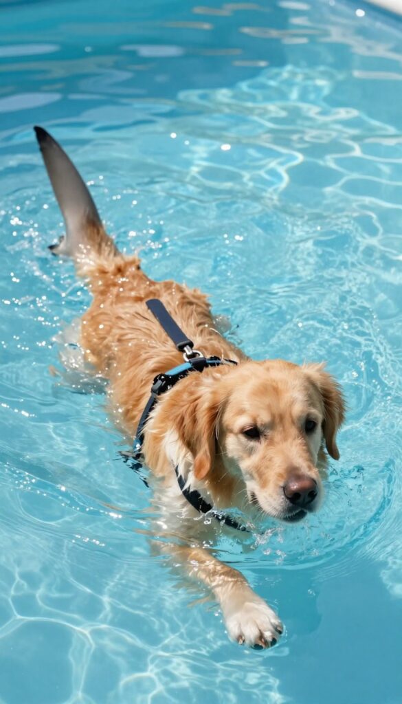 Golden retriever wearing a shark fin costume while swimming in a pool