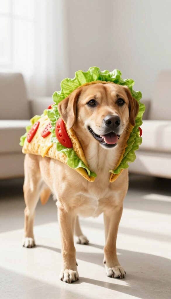 Dog wearing a taco costume with colorful felt toppings