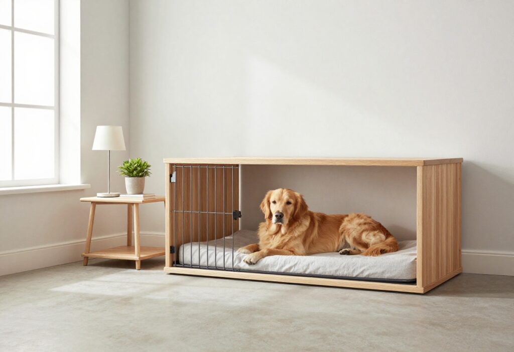 Dog crate disguised as a side table in a living room with a golden retriever inside