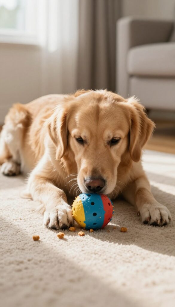 Dog nudging treat-dispensing toy on rug in sunny living room