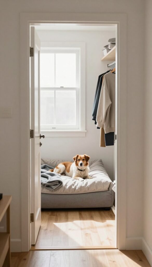 Cozy dog bed on closet floor with a relaxed dog, bright natural light, clean closet interior