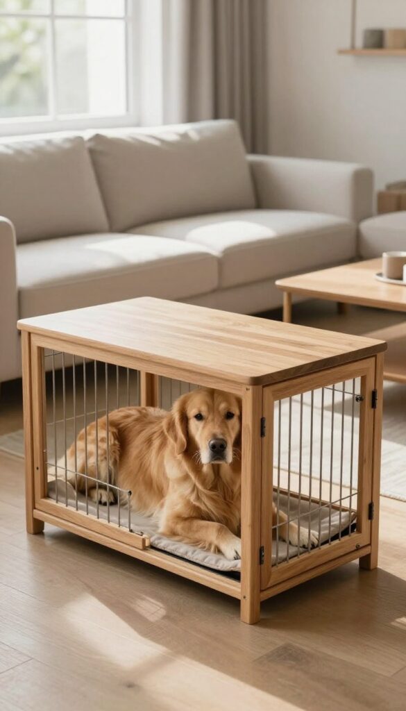 Furniture-style dog crate as side table with large Golden Retriever inside in bright living room