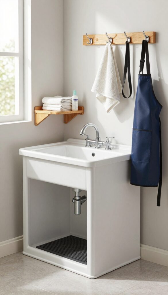 Mudroom-style dog wash nook with utility sink, fold-down shelf, and hooks for towels and apron.