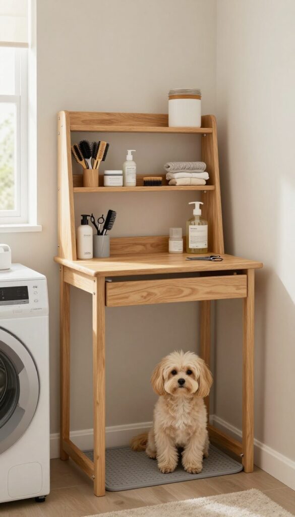 Fold-down grooming table with built-in storage in a small laundry room