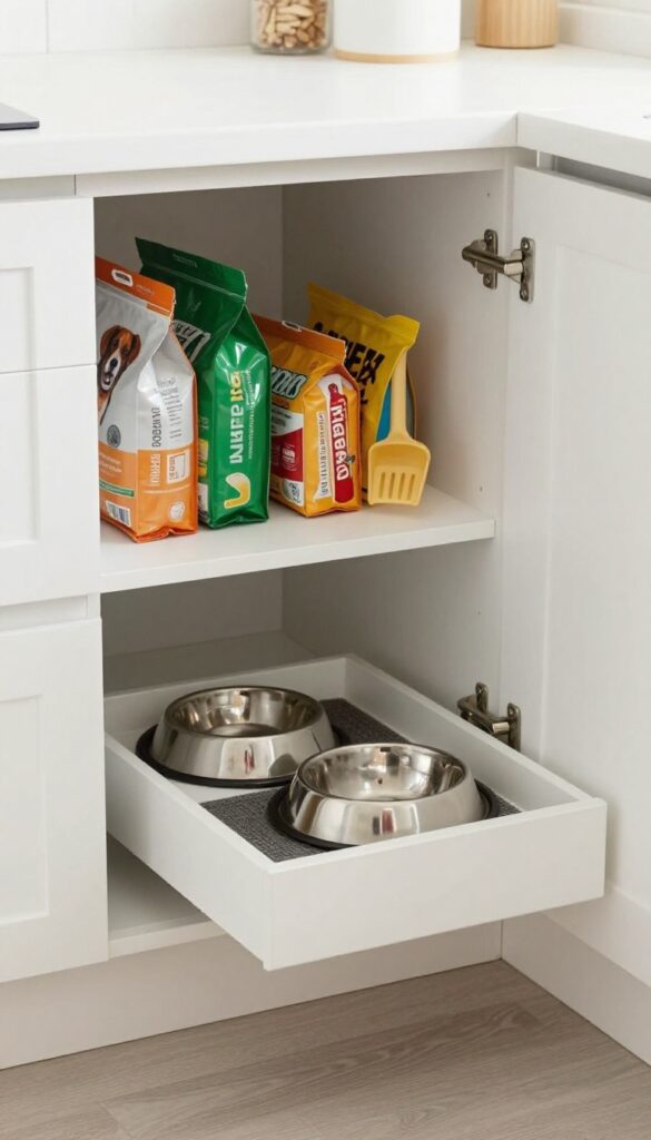Kitchen nook feeding station with pull-out drawer and stainless steel bowls