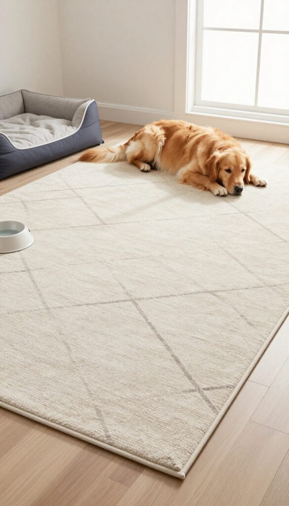 Dog lounging on a washable rug in a bright living room corner.