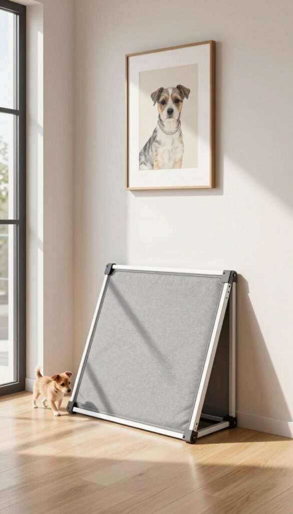Wall-mounted fold-down dog kennel in a bright living room, with a small dog stepping out and a framed art piece above it.